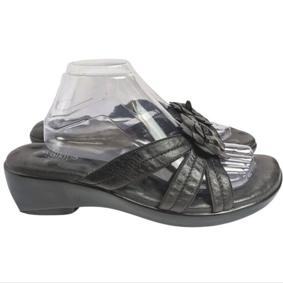 Walking Cradles Black Leather Flower Women's Slide Comfort Sandals 11 - Picture 3 of 7